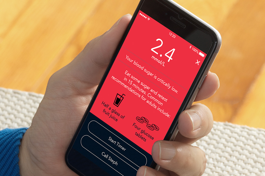 Contour Diabetes rakendus kuvab hoiatuse madala veresuhkru taseme kohta